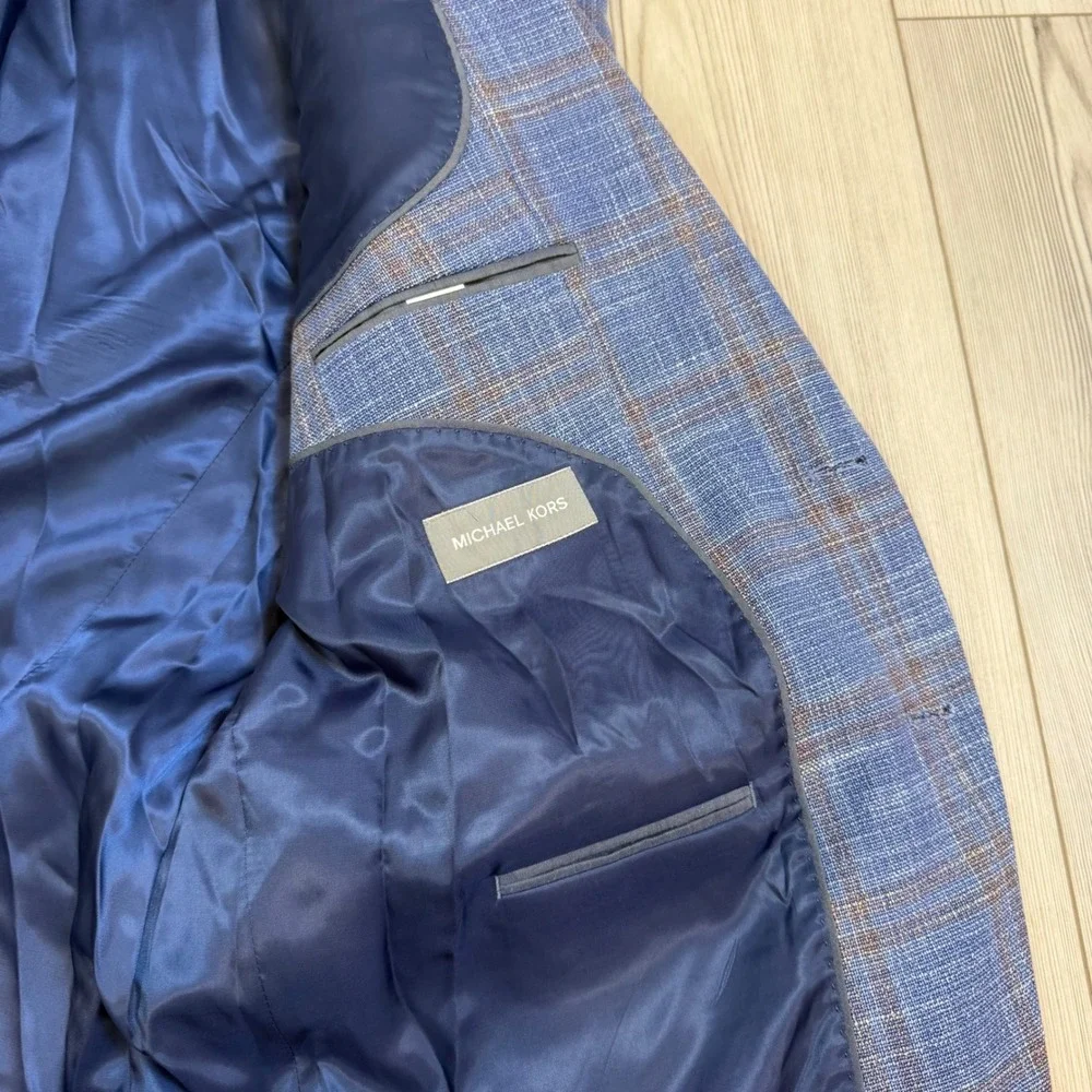Michael Kors Mens 50R Blue Plaid Two Button Blazer Sport Coat Jacket